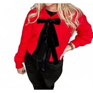 NEW BIBI cable knit velvet bows sweater in red
